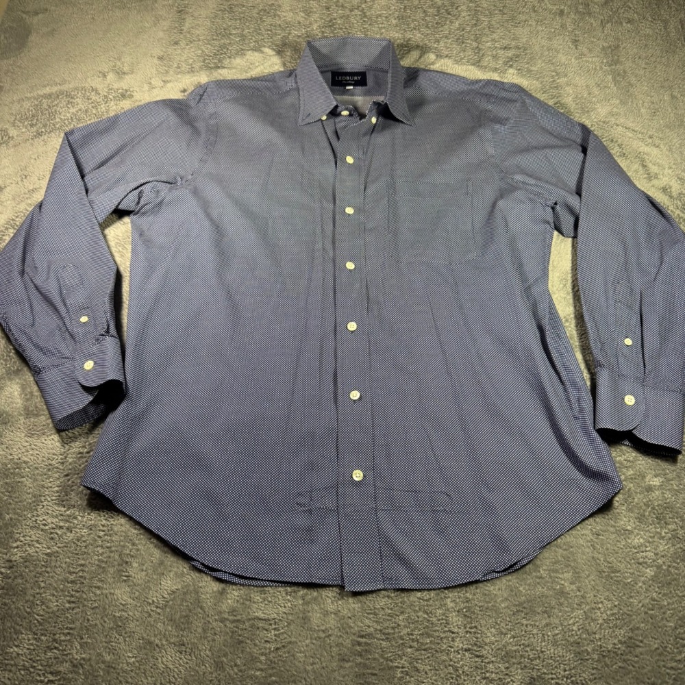 Ledbury Mens Blue White Micro Dot Long Sleeve Button Down Shirt 16 41cm L